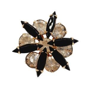 Vintage 3D Rhinestone Brooch Clear & Black Gold Tone Layered Design 1.25 Inch